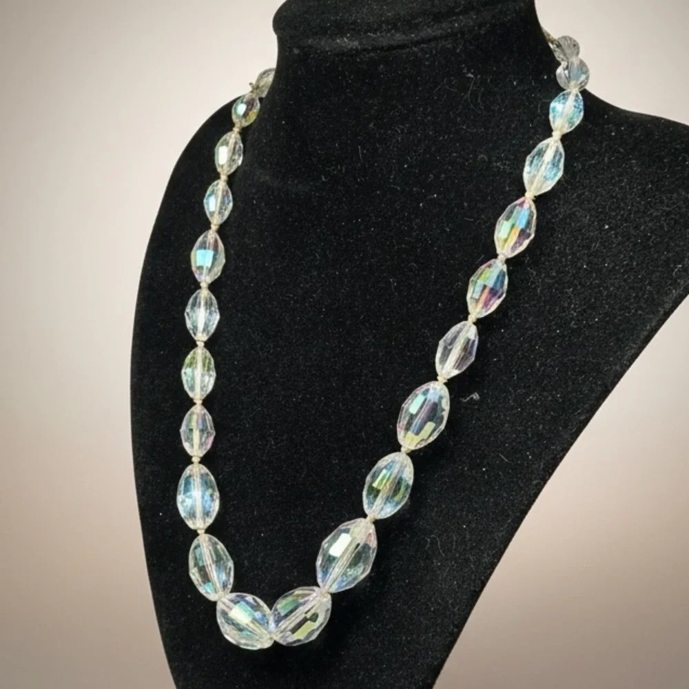 Vintage Laguna Aurora Borealis Crystal Bead Necklace Faceted AB Glass Graduated